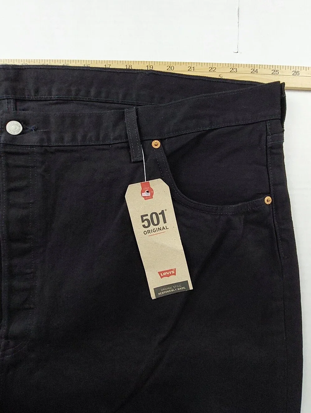 Levis Button Fly 501 Jeans Mens Size 50x34 Black Denim Stretch NWT $69.50